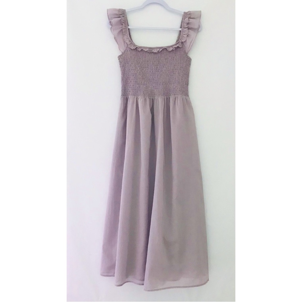 REFORMATION Noreen Smocked Ruffle Dress Midi Organic Cotton Lilac - Picture 5 of 14